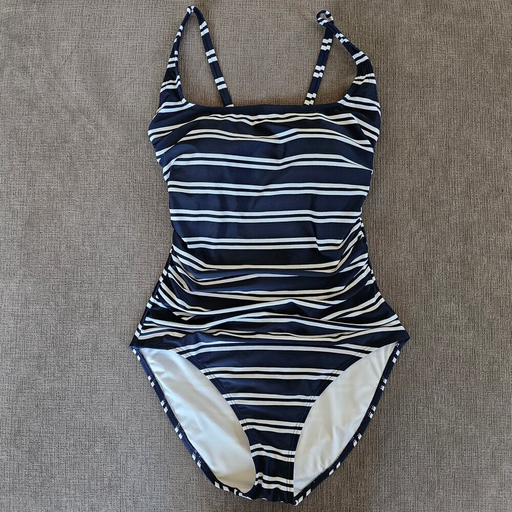 NWT Nautica Womens Blue & White Standard Crossback One Piece Swimsuit Size Large